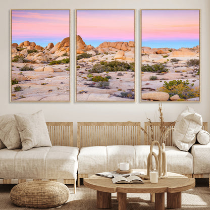 A breathtaking desert landscape featuring rugged rock formations under a vibrant pastel sunset sky, capturing the warmth and serenity of a Southwestern wilderness.