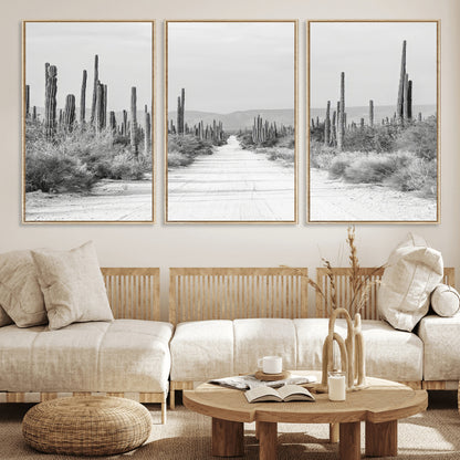 A black and white desert road stretching through a cactus-filled landscape, creating a rugged and timeless southwestern aesthetic with a sense of adventure.