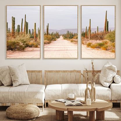A desert road lined with saguaro cacti under a golden sky, creating a warm southwestern feel, perfect for boho or rustic decor.