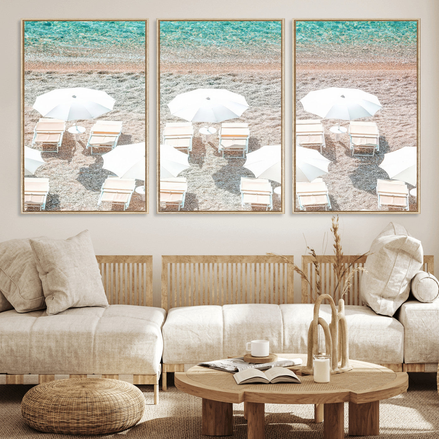 A bright beach scene with white umbrellas, pastel sand, and turquoise waters, creating a tranquil coastal vibe, perfect for beach house or summer decor.