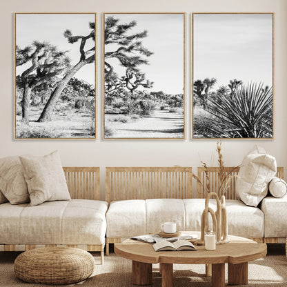 Canvas of a Joshua Tree forest in black and white tones, featuring a desert path and spiky vegetation, ideal for minimalist or rustic decor.
