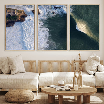 Canvas showing an aerial view of crashing waves along the Nazaré coastline, perfect for dramatic coastal or ocean-themed home decor.