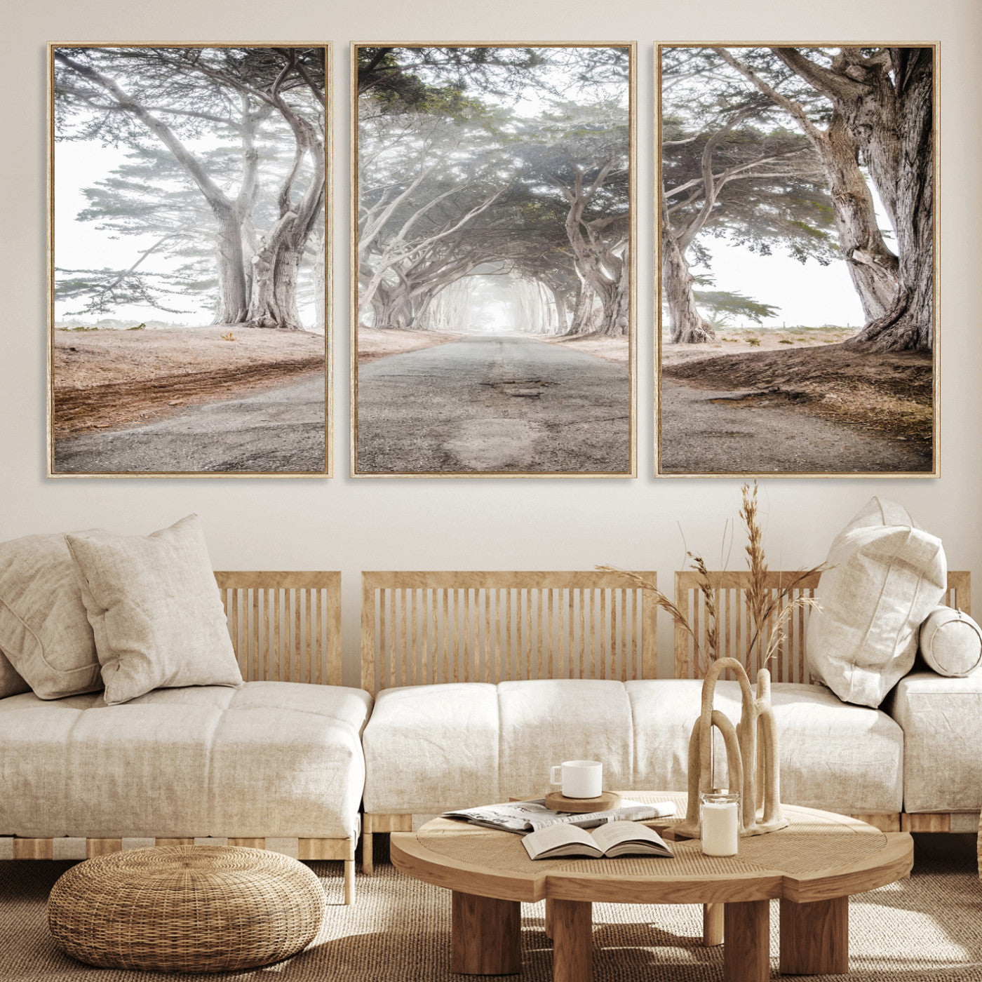 Canvas of a misty tree tunnel with arching cypress trees and an earthy road, ideal for rustic or coastal nature decor.