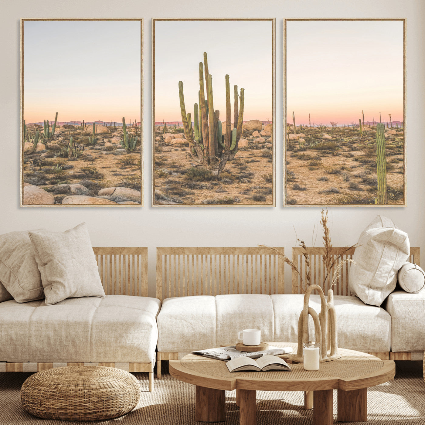 Canvas of tall desert cacti in warm sunset tones over a rocky Baja landscape, ideal for earthy or Southwestern-style home decor.