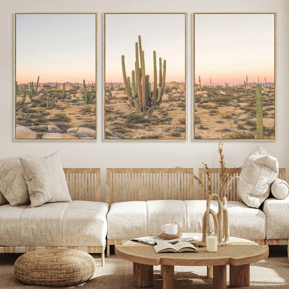 Canvas of tall desert cacti in warm sunset tones over a rocky Baja landscape, ideal for earthy or Southwestern-style home decor.
