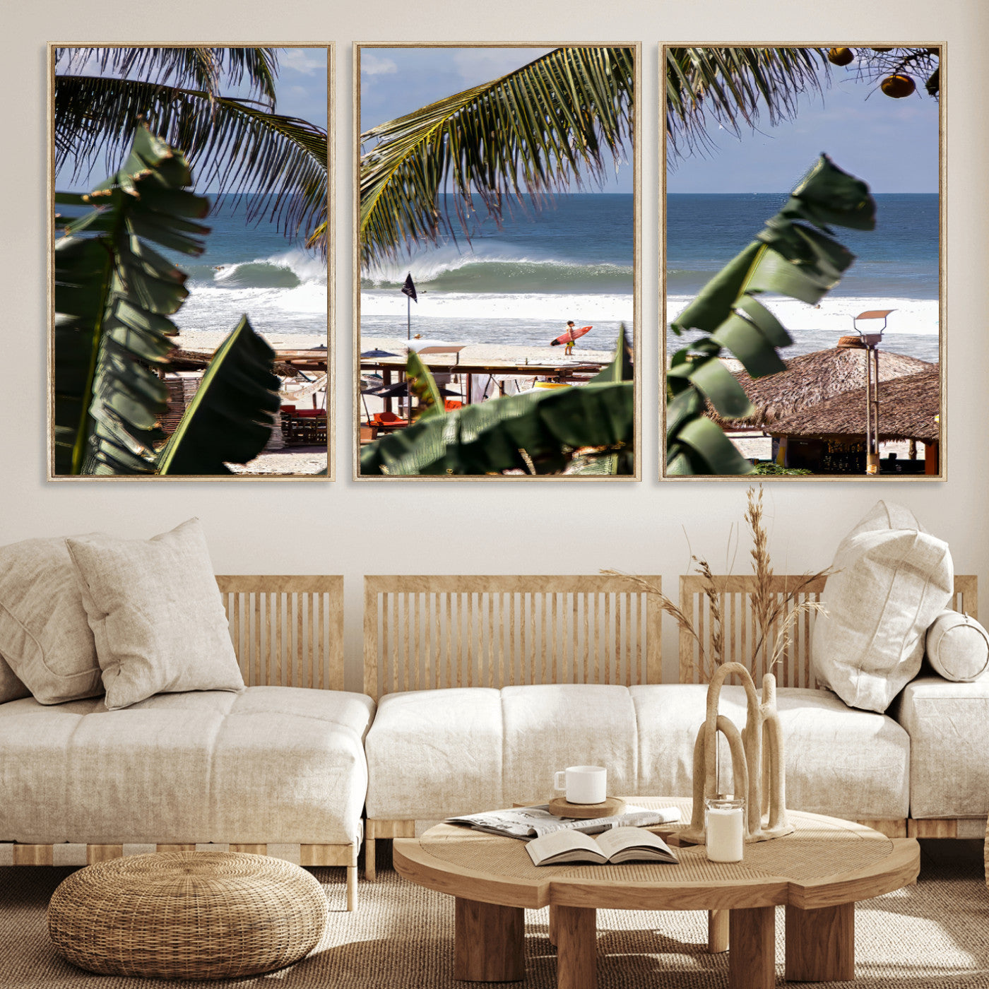 Canvas wall art of a tropical surf scene framed by palm trees, with a surfer on the shore and waves rolling in, ideal for beach-themed decor.