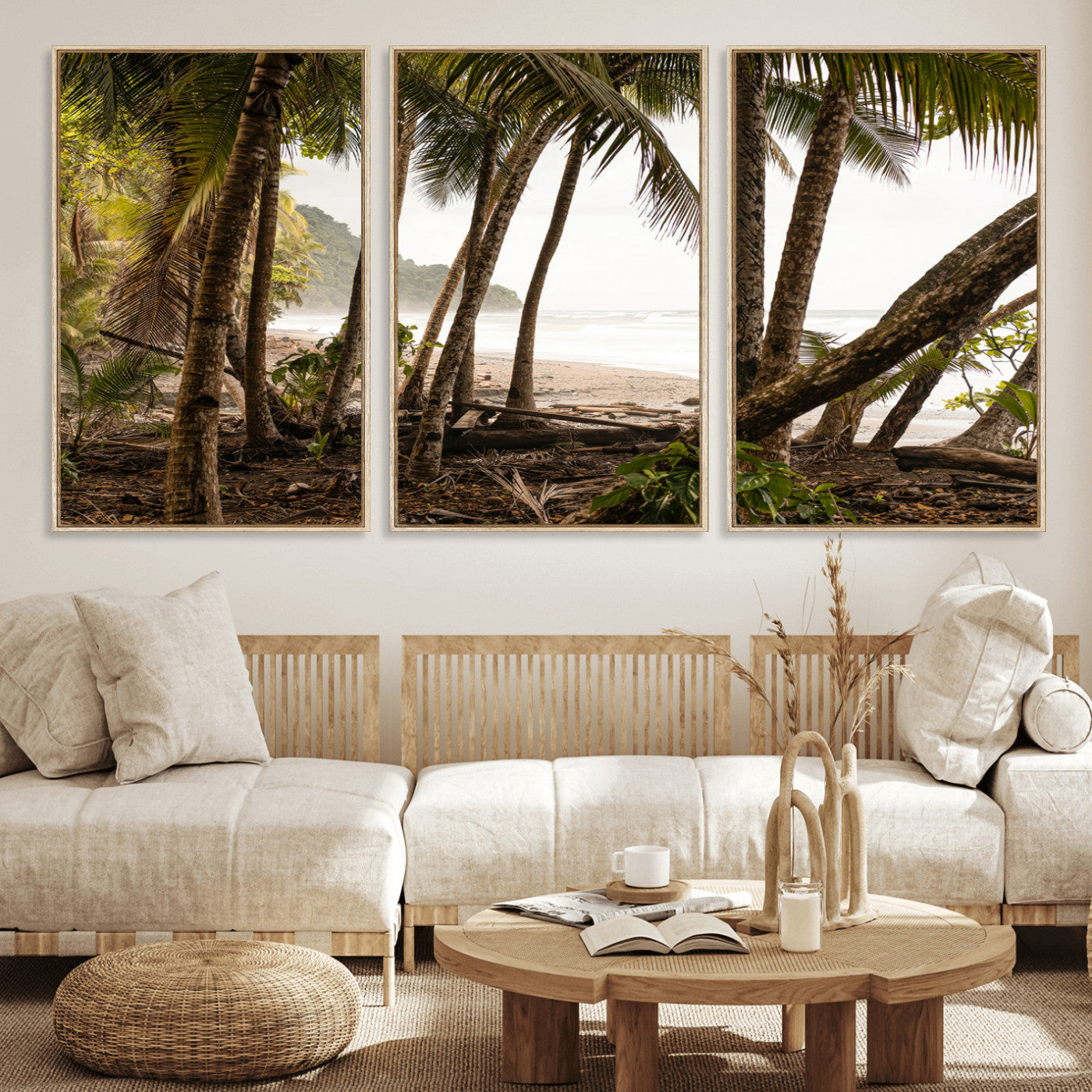 Dense tropical palm trees framing a sandy beach and ocean shore, ideal for jungle or coastal themed interior wall decor.