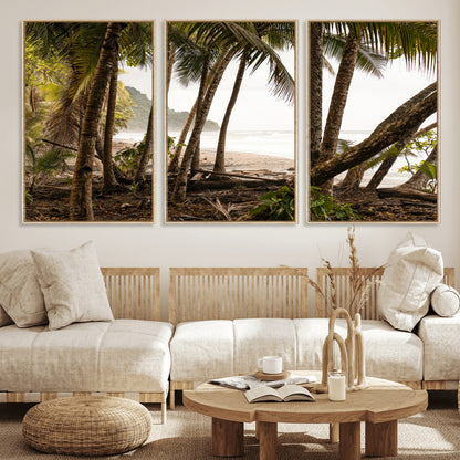 Dense tropical palm trees framing a sandy beach and ocean shore, ideal for jungle or coastal themed interior wall decor.