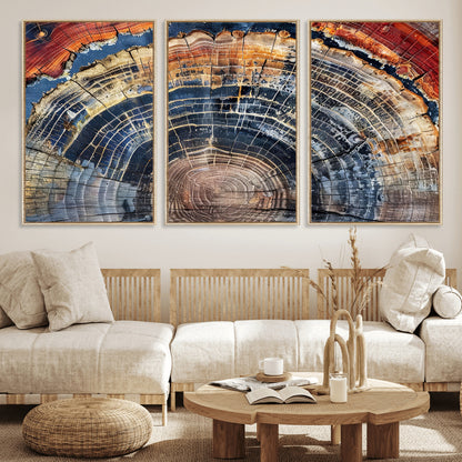 Vibrant tree ring with orange, brown, and blue tones in abstract detail, perfect for rustic or boho-inspired wall decor.