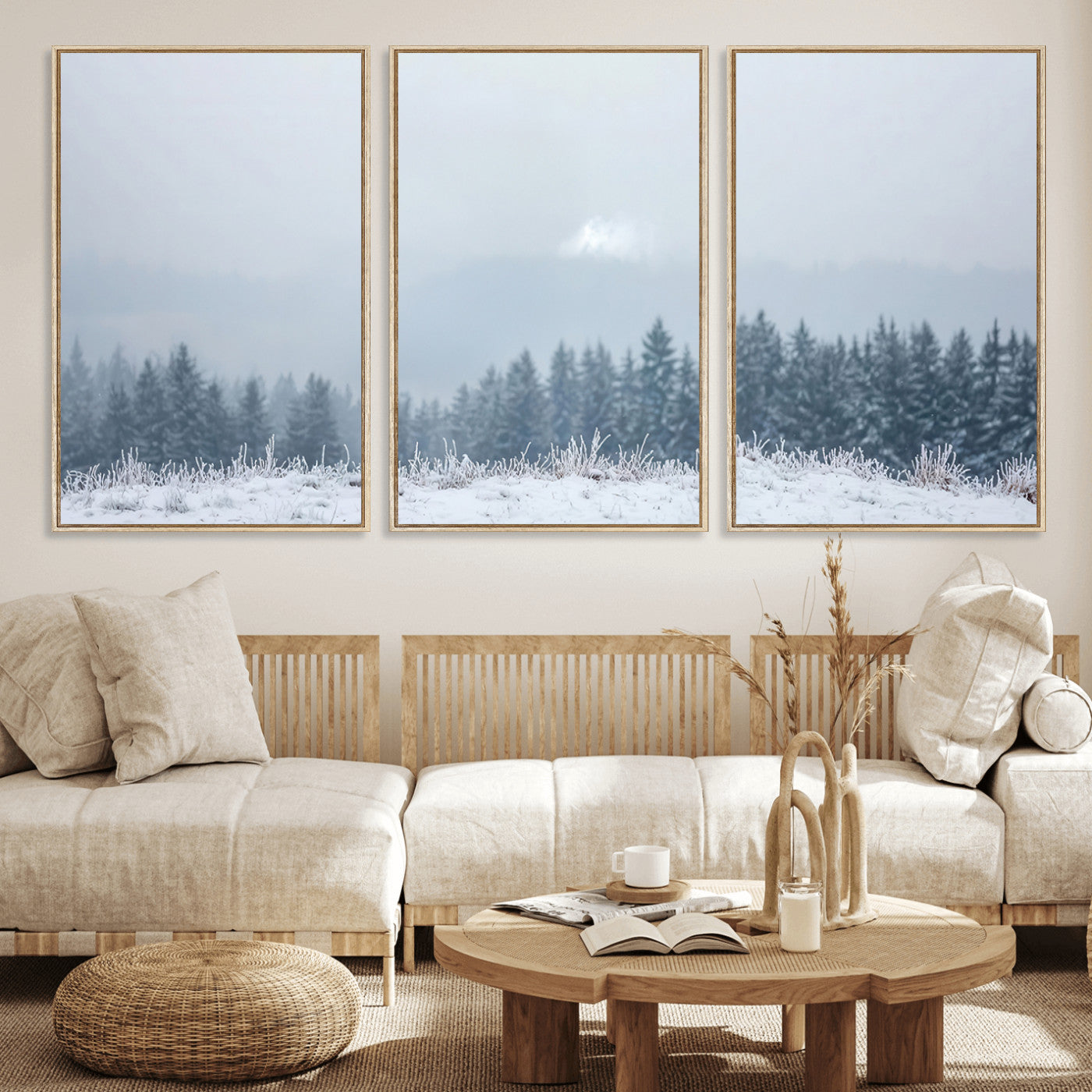 Snow-covered forest under misty sky, soft light breaking through clouds, ideal for minimalist or Nordic-inspired home decor.