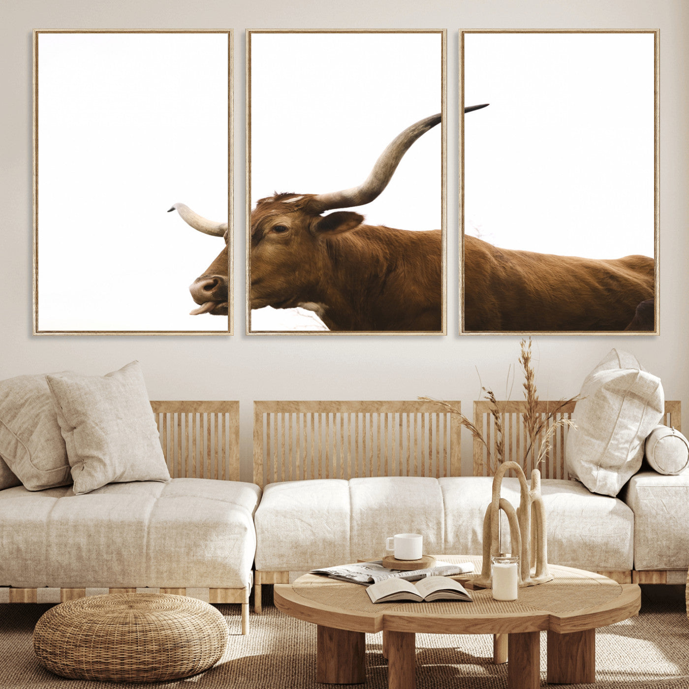 Minimal photo of a longhorn cow with white background, ideal for rustic, western or farmhouse-style interior decor.