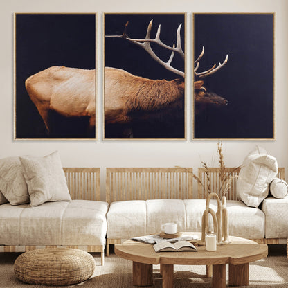 Side view of a majestic elk with large antlers against dark background, perfect for rustic lodge or cabin style home decoration.