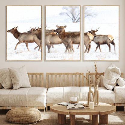 A group of elk standing on snowy terrain with a tree in the background, perfect for rustic or lodge-style winter wall decor.