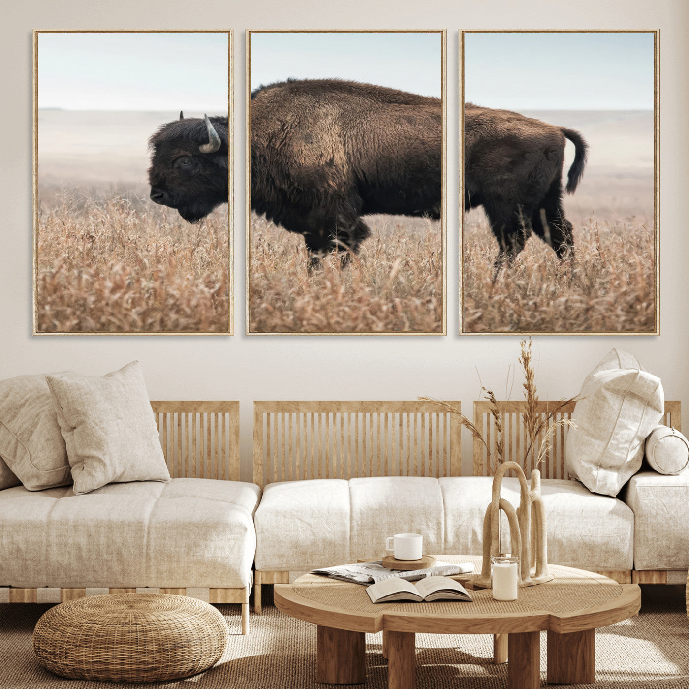 A lone bison stands in a vast prairie under a soft sky, evoking freedom and rustic charm for western or farmhouse inspired interiors.