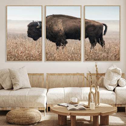 A lone bison stands in a vast prairie under a soft sky, evoking freedom and rustic charm for western or farmhouse inspired interiors.