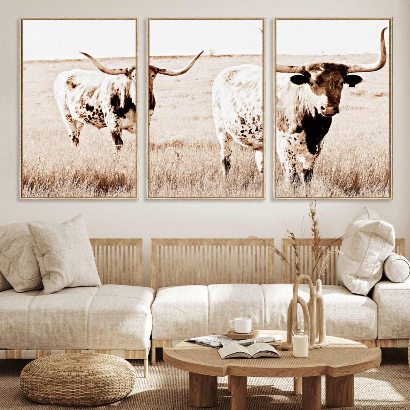 Two Texas longhorn cows standing in a sepia-toned pasture, evoking rustic charm perfect for farmhouse or western country interiors. (