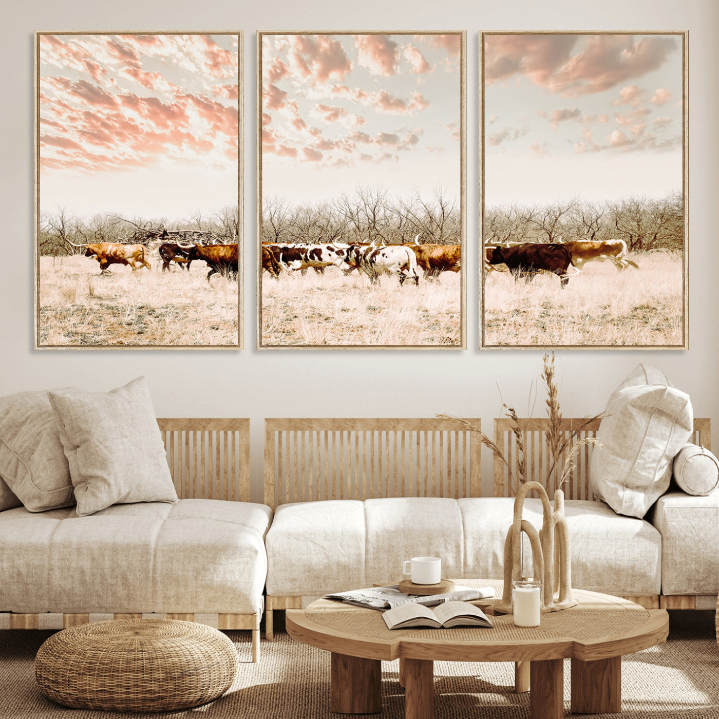 Cattle herd in a soft-toned field under a pastel pink sky, creating a peaceful rustic feel, perfect for farmhouse or western-themed spaces.