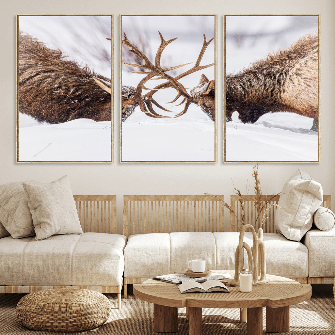 Two elk clashing antlers in a snowy forest, capturing raw power and wild energy, ideal for rustic cabin or lodge-style decor.