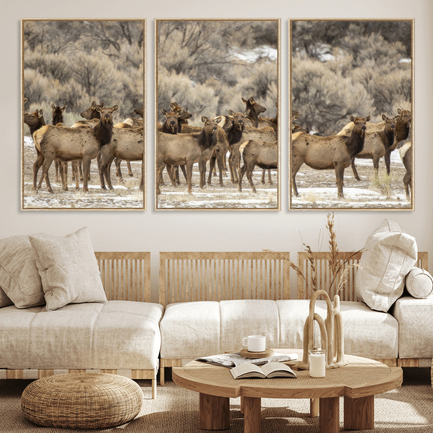 A large herd of elk standing in an open field with soft earthy tones, ideal for rustic lodge or western-themed home wall decor.