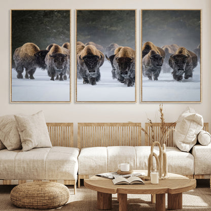 A herd of American bisons walking through deep snow in a forest, evoking a powerful rustic wilderness mood for western-style interiors.