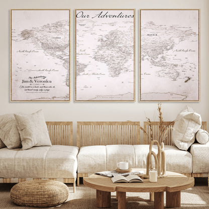 Customize Push Pin World Map Wall Canvas Print – Personalized Travel Map with Foam Pins – Framed Custom Quotie Canvas for Home Office Decor