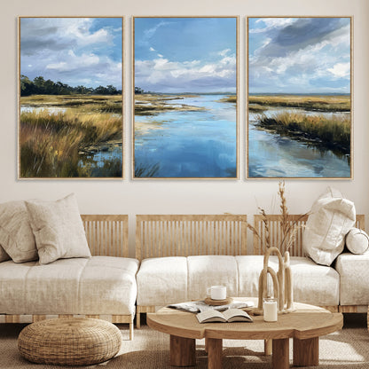 A beautiful, painterly landscape of a calm river winding through a marsh, with vibrant green grasses and a bright blue sky filled with fluffy clouds.