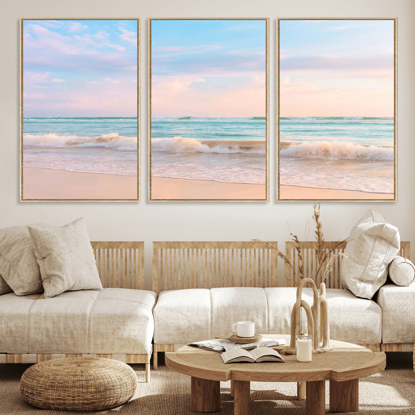 A peaceful beach scene with soft pastel skies, gentle waves washing up on the sandy shore, creating a calm and serene ocean view.
