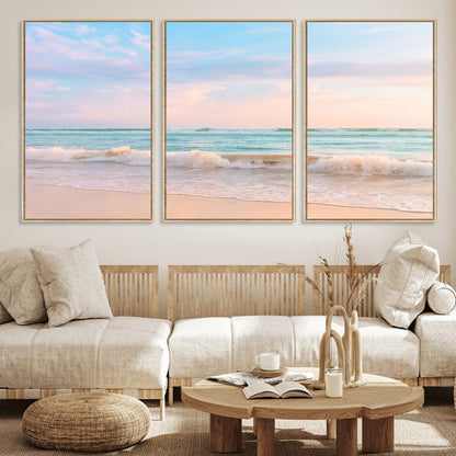 A peaceful beach scene with soft pastel skies, gentle waves washing up on the sandy shore, creating a calm and serene ocean view.