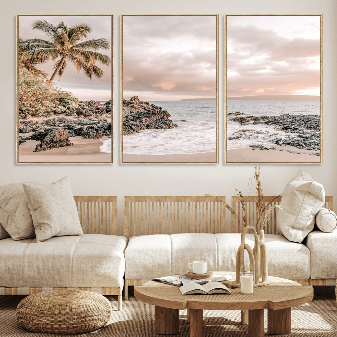 A peaceful beach scene with a palm tree and rocks, soft waves washing onto the shore under a soft pastel sky at sunset.