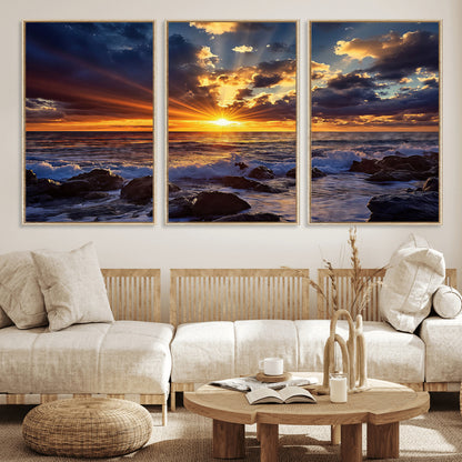 An explosive sunset over the ocean with dramatic clouds and rays of sunlight reflecting off the water, creating a vibrant and captivating view.
