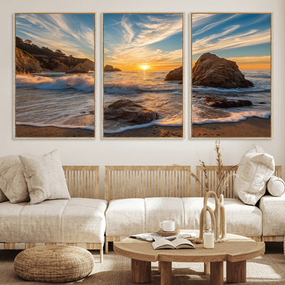 Rocky Ocean Sunset Wall Art Print, Seaside Canvas Wall Art, Dramatic Seascape Canvas Print for Coastal Modern Decor, Ocean Sunset Art Printing