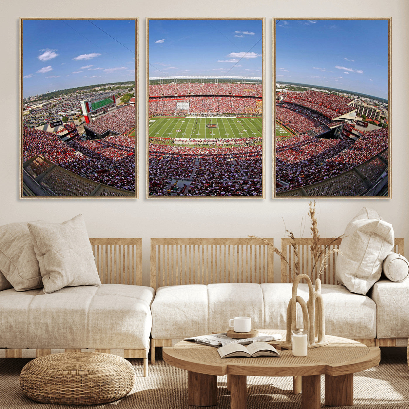 An William Brice-Stadium view of a full football stadium with cheering fans and clear blue skies, capturing the excitement and energy of the game.