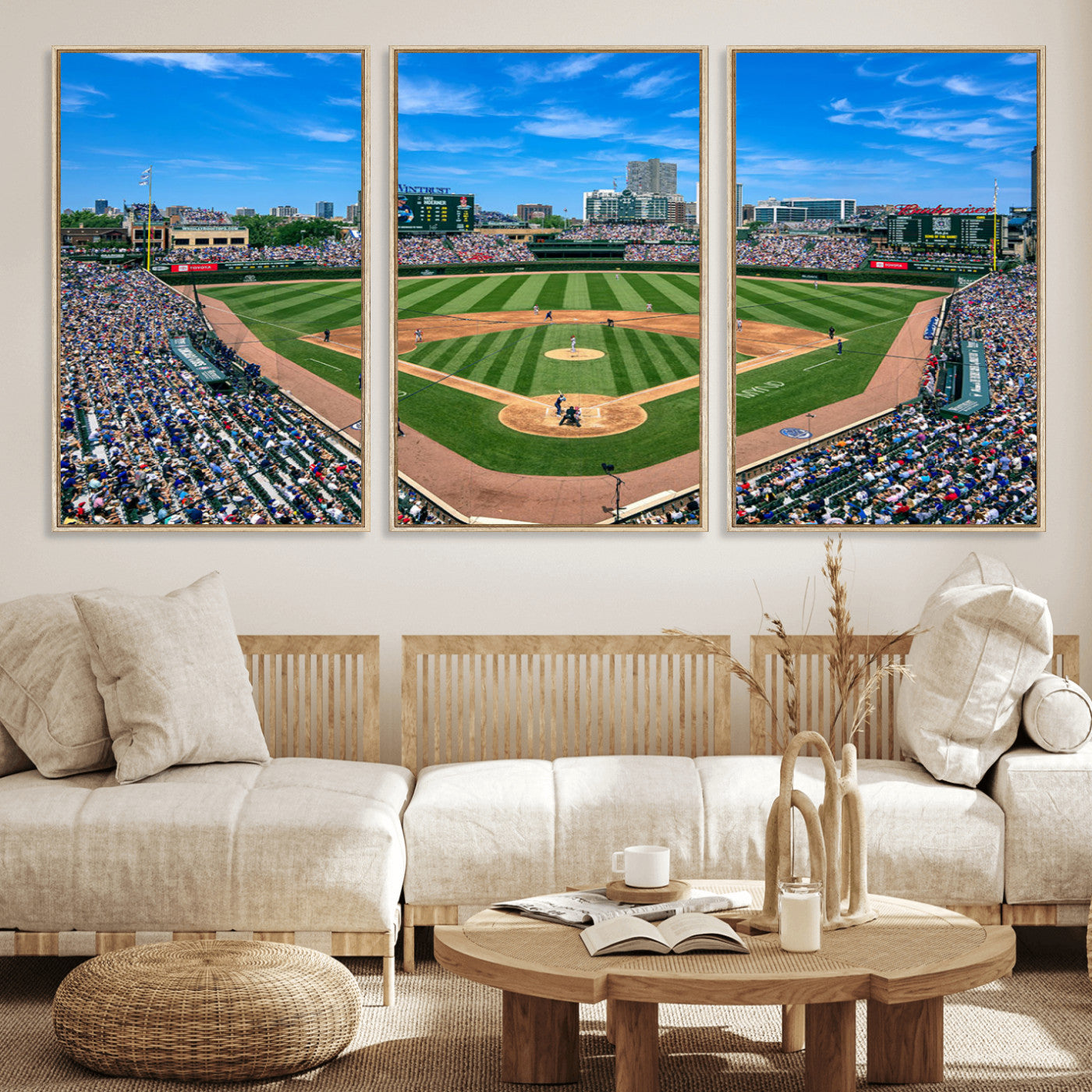 Wrigley Field Baseball Stadium Canvas Wall Art, Packed Crowd Sports Stadium Print, City Skyline Baseball Field Canvas for Game Room Decor