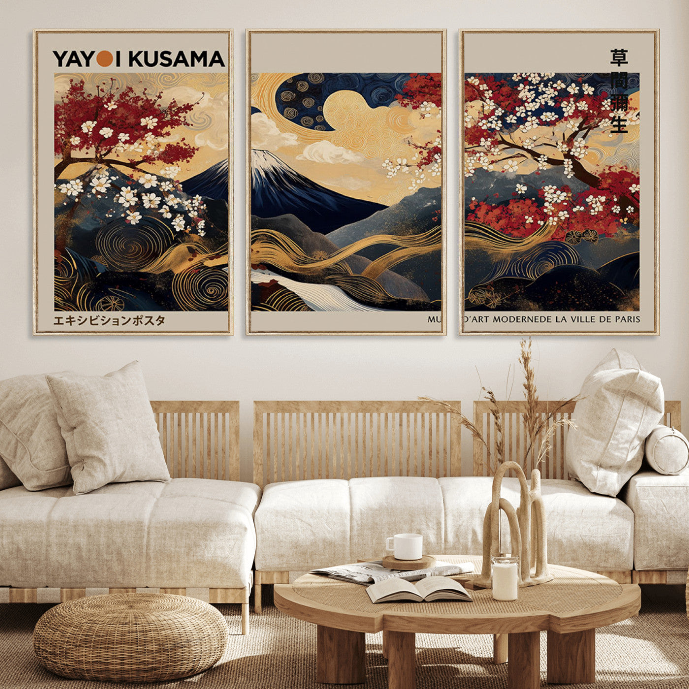 Yayoi Kusama's artwork featuring Mount Fuji, blooming cherry trees, and intricate swirls, blending traditional Japanese elements with vibrant color.