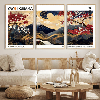 An artwork by Yayoi Kusama featuring Mount Fuji, blooming cherry blossoms, and swirling patterns in a harmonious blend of nature and art.