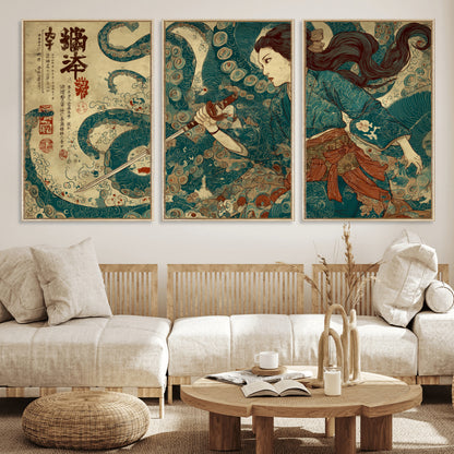 Tsukioka Yoshitoshi Samurai Wall Art Print, Japanese Katana Warrior Canvas Wall Art, Octopus Sea Monster Canvas Print,