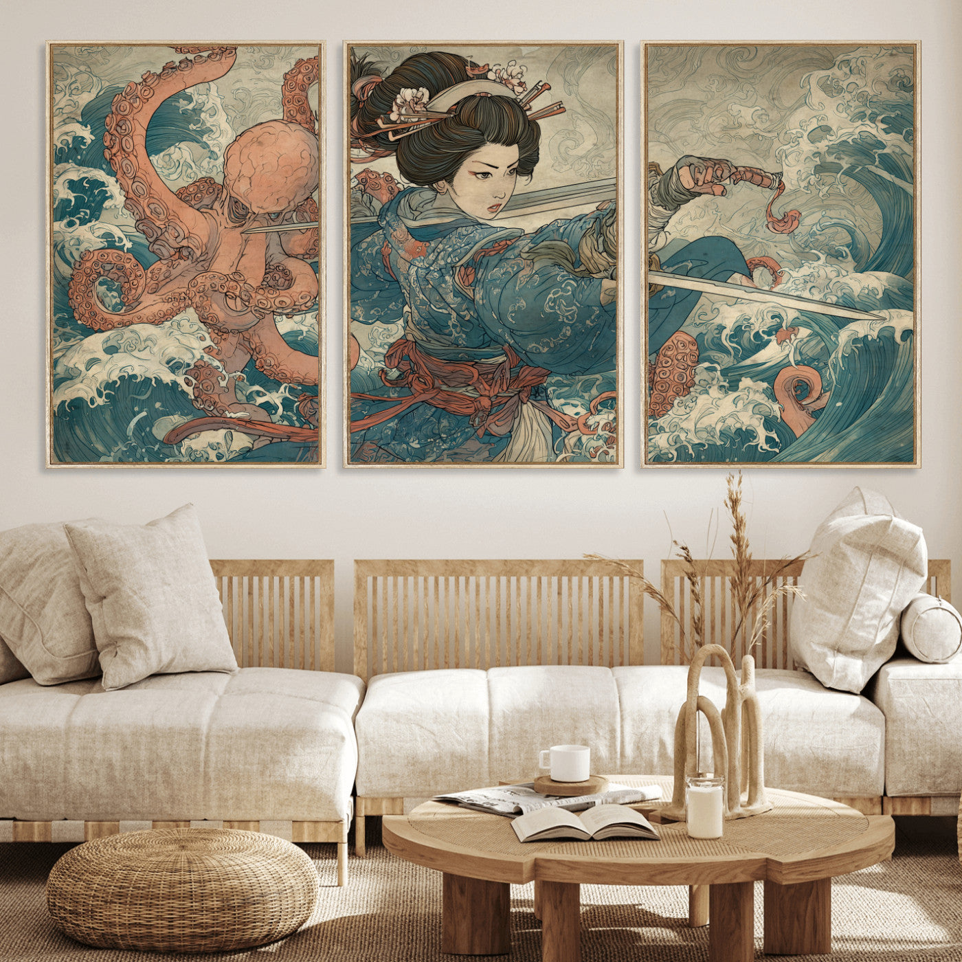 Tsukioka Yoshitoshi Samurai Wall Art Print, Japanese Katana Warrior Canvas Wall Art, Octopus Sea Monster Canvas Print,