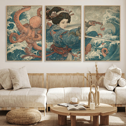 Tsukioka Yoshitoshi Samurai Wall Art Print, Japanese Katana Warrior Canvas Wall Art, Octopus Sea Monster Canvas Print,