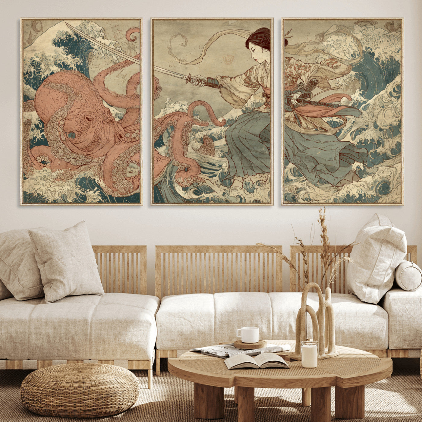 Tsukioka Yoshitoshi Samurai Wall Art Print, Japanese Katana Warrior Canvas Wall Art, Octopus Sea Monster Canvas Print,