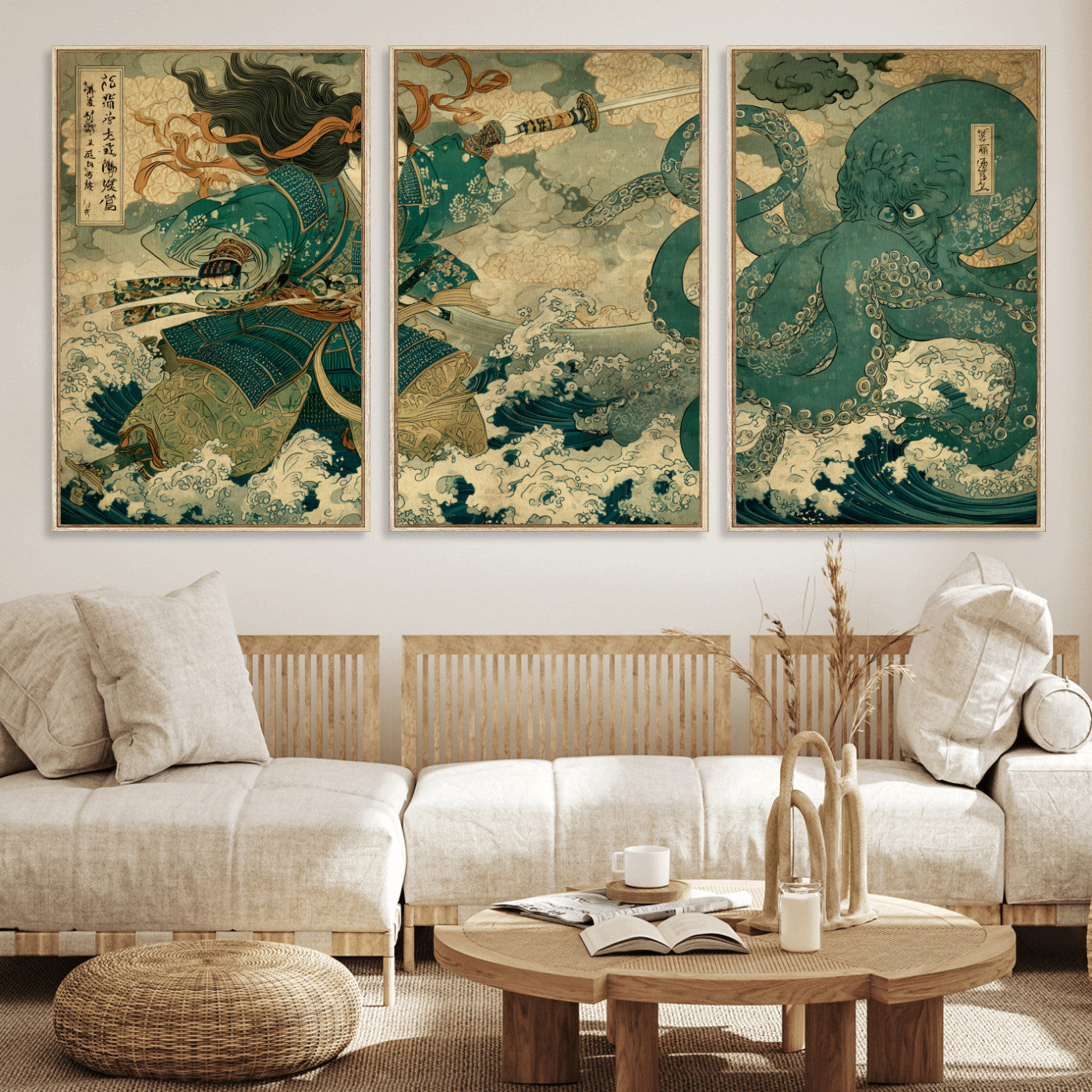Tsukioka Yoshitoshi Samurai Wall Art Print, Japanese Katana Warrior Canvas Wall Art, Octopus Sea Monster Canvas Print,