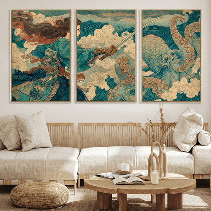 Tsukioka Yoshitoshi Samurai Wall Art Print, Japanese Katana Warrior Canvas Wall Art, Octopus Sea Monster Canvas Print,