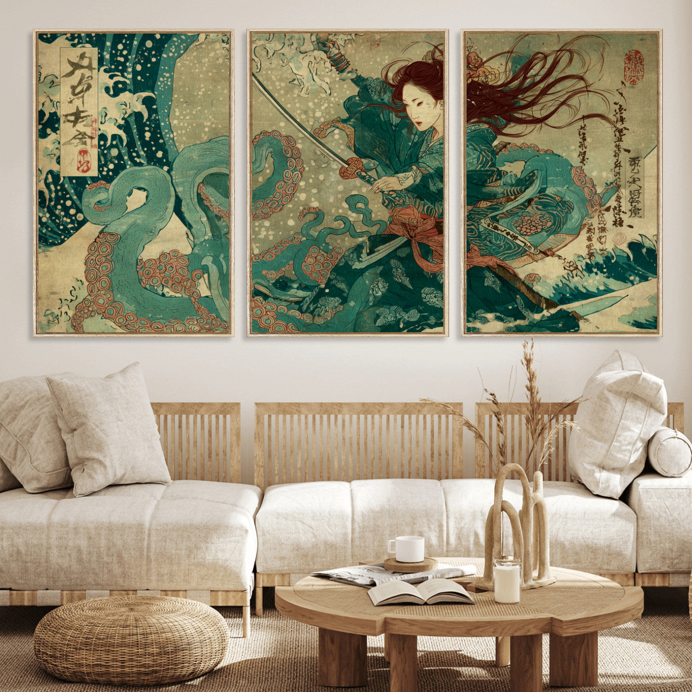 Tsukioka Yoshitoshi Samurai Wall Art Print, Japanese Katana Warrior Canvas Wall Art, Octopus Sea Monster Canvas Print,