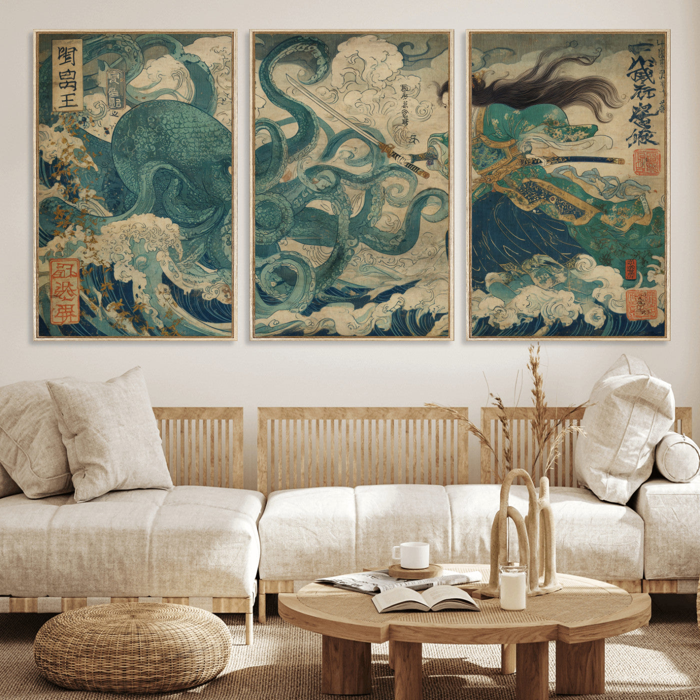 Tsukioka Yoshitoshi Samurai Wall Art Print, Japanese Katana Warrior Canvas Wall Art, Octopus Sea Monster Canvas Print,