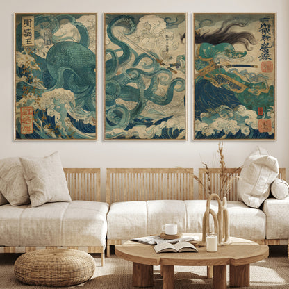 Tsukioka Yoshitoshi Samurai Wall Art Print, Japanese Katana Warrior Canvas Wall Art, Octopus Sea Monster Canvas Print,