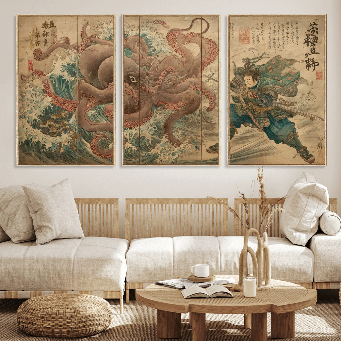 Tsukioka Yoshitoshi Samurai Wall Art Print, Japanese Katana Warrior Canvas Wall Art, Octopus Sea Monster Canvas Print,