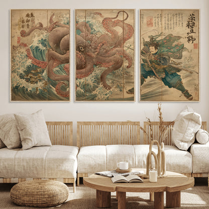 Tsukioka Yoshitoshi Samurai Wall Art Print, Japanese Katana Warrior Canvas Wall Art, Octopus Sea Monster Canvas Print,