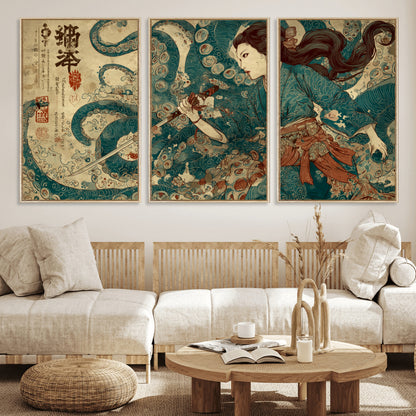 Tsukioka Yoshitoshi Samurai Wall Art Print, Japanese Katana Warrior Canvas Wall Art, Octopus Sea Monster Canvas Print,