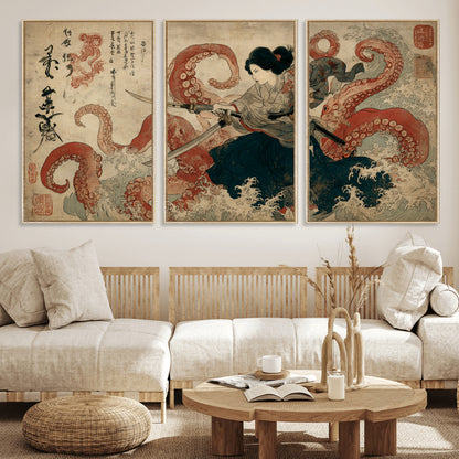 Tsukioka Yoshitoshi Samurai Wall Art Print, Japanese Katana Warrior Canvas Wall Art, Octopus Sea Monster Canvas Print,