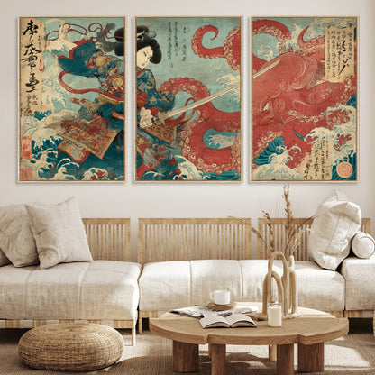 Tsukioka Yoshitoshi Samurai Wall Art Print, Japanese Katana Warrior Canvas Wall Art, Octopus Sea Monster Canvas Print,