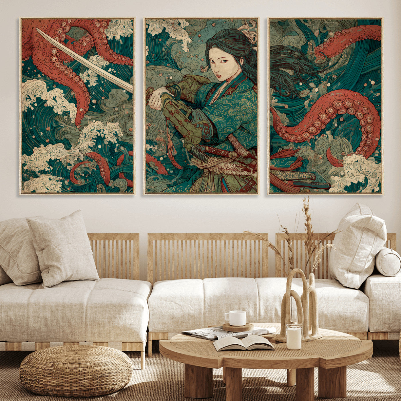 Tsukioka Yoshitoshi Samurai Wall Art Print, Japanese Katana Warrior Canvas Wall Art, Octopus Sea Monster Canvas Print,